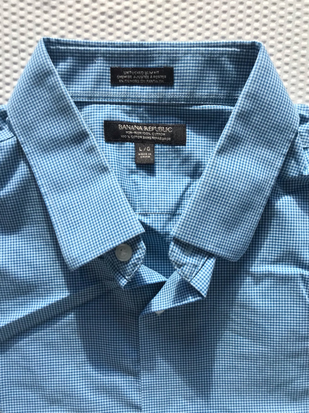 Banana Republic Untucked Slim Fit Non Iron Micro Check Shirt Mens Large Blue